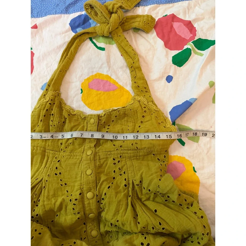 Free People Green Eyelet Lace Halter Midi Dress Button Front Boho size small